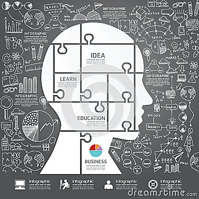 Infographic Head jigsaw with doodles line drawing success Vector Illustration