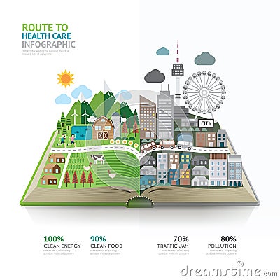 Infographic health care on book template design.route to healthy Vector Illustration