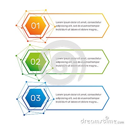 Infographic hexagon shape colorful numbers from 1 to 3 and text columns vector illustration. Vector Illustration