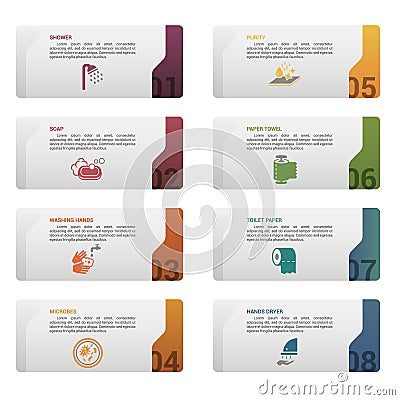 Infographic Hygiene template. Icons in different colors. Include Shower, Soap, Washing Hands, Microbes and others Stock Photo