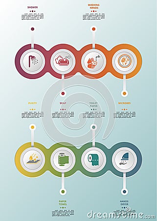 Infographic Hygiene template. Icons in different colors. Include Shower, Soap, Washing Hands, Microbes and others Stock Photo
