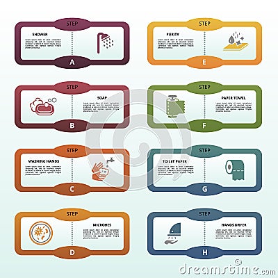 Infographic Hygiene template. Icons in different colors. Include Shower, Soap, Washing Hands, Microbes and others Stock Photo