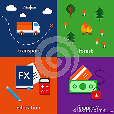 Infographic icon set of transport. forest. education and finance theme Vector Illustration