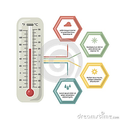 Infographic illustration with medicine thermometer. Different temperature , cold and warm Vector Illustration