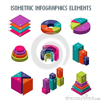 Infographic isometric vector elements. 3d pie graph, charts and progress bars Vector Illustration