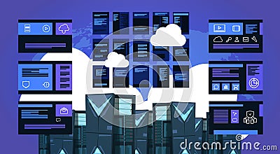 Infographic map over data storage cloud synchronization center with hosting servers and staff. Computer technology Vector Illustration