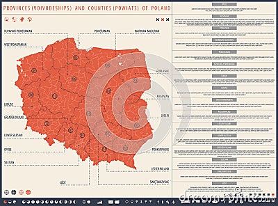 Infographic map of Poland with administrative division into 16 provinces voivodeships and counties powiats Vector Illustration