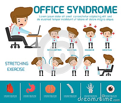 Infographic office syndrome Template Design,. health concept. infographic element. vector flat icons cartoon design. illustration. Vector Illustration