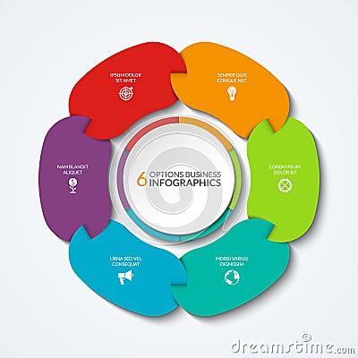 Infographic pie chart. Business concept of 6 connected parts, segments. Vector Illustration