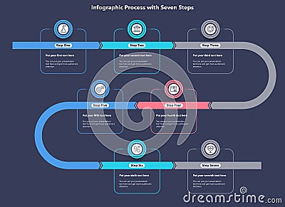Infographic process diagram divided into seven steps with minimalistic icons - dark version Vector Illustration