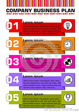 Infographic process visualization template, abstract vector with colored paper strip elements, icons and copy space, five multicol Vector Illustration