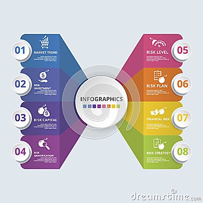 Infographic Risk Management icons vector illustration. 8 colored steps info template with editable text. Vector Illustration