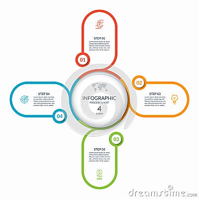 Infographic round chart with 4 steps, parts, options, processes. Vector cycle diagram with thin line icons. Vector Illustration