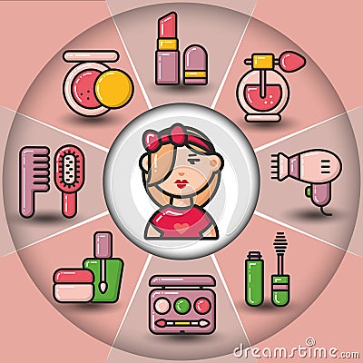 Infographic_set of beauty cosmetic icons and woman Vector Illustration