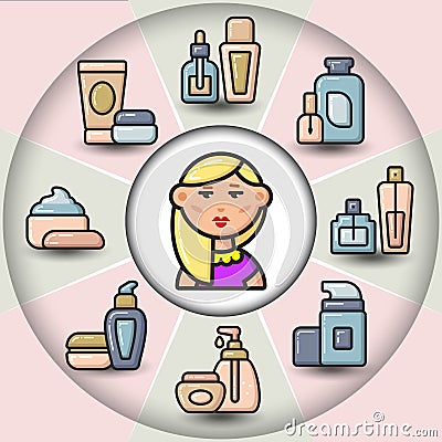 Infographic_set of beauty cosmetic tubes and woman Vector Illustration