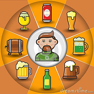 Infographic_set of beer icons and man Vector Illustration