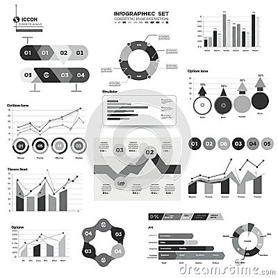 Infographic set composed of various charts and graphs including bar graphs Stock Photo