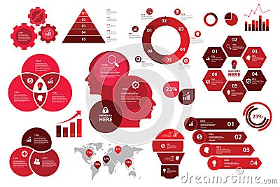 Infographic set red color scheme business graph arrow elements chart visualization Vector Illustration