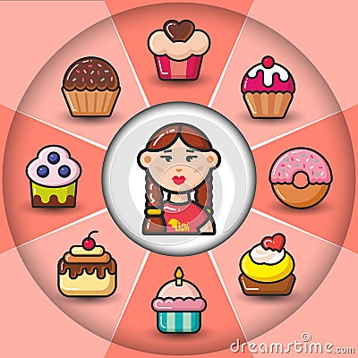 Infographic_set of sweet icons and woman Vector Illustration