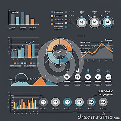 Infographic showcasing various data visualizations on a dark background. Includes Stock Photo