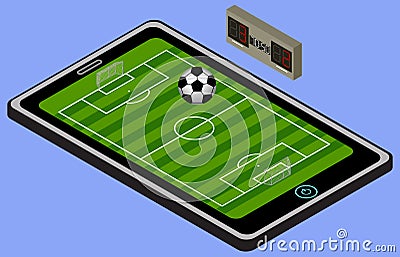 Infographic soccer playground, ball, and tablet. Isometric soccer image. Isolated. Vector Illustration