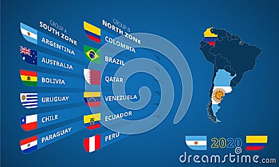 Infographic for South America football tournament 2020 with flag of participants sorted by group Vector Illustration