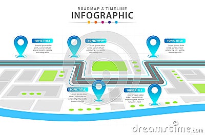 Infographic 6 Steps Modern Timeline diagram with city roadmap concept. Vector Illustration