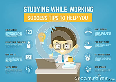 Infographic about success tips for studying while working Vector Illustration