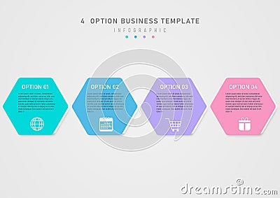 Infographic template 4 business options simple multi colored hexagon. Vector Illustration