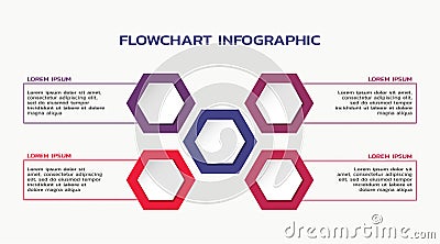 Infographic template design. flowchart with hexagon and four text boxes Vector Illustration