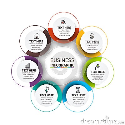 Infographic template design with icons and circles. Abstract elements of graph, diagram with steps, number options, parts or proce Vector Illustration