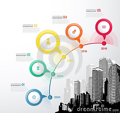 Infographic template with five circles, icons and city. Vector Illustration