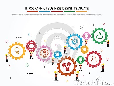 Infographic template with gear, worker and icons. Vector Illustration