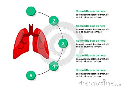 Infographic template. Lungs with 5 circles, icons and text Vector Illustration