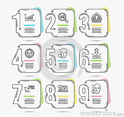 Face search, Chart and Group icons. Quick tips, Resilience and Online documentation signs. Vector Vector Illustration