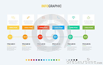 Infographic template. 6 steps square design with beautiful colors. Vector timeline elements for presentations. Vector Illustration