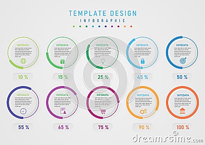 Infographic Template Percent Circles Divided In Multi Colored Sections . Vector Illustration