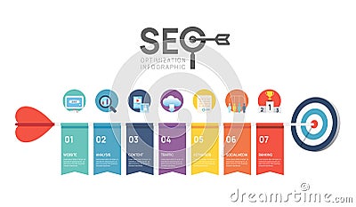 Infographic template seo optimization diagram. Target arrow concept template. SEO Digital presentation layout. 7 option chart Vector Illustration