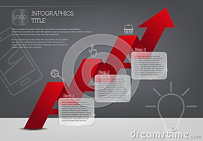 Infographic template with three steps and red arrow Vector Illustration