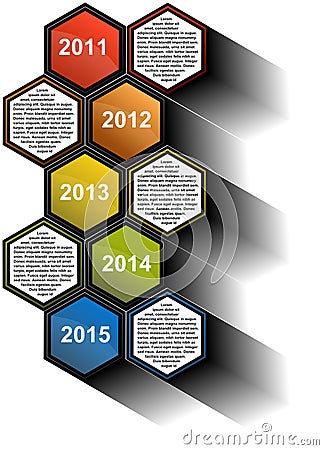 Infographic timeline report with colored hexagons Stock Photo