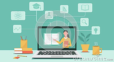 Online education or e-learning, home school, woman teacher teaching on laptop screen Vector Illustration