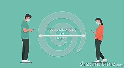 Man and woman using phone and maintain social distancing Vector Illustration