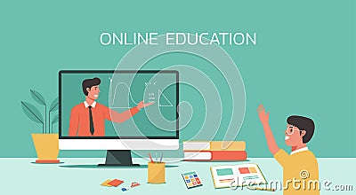 Online math class, male teacher connecting to student via video call on computer Vector Illustration