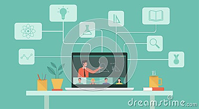 People learning online together at home via video conference on laptop with icon Vector Illustration