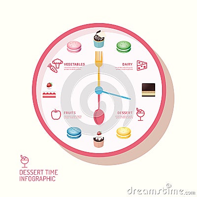 Infographic watch and bakery flat icons idea. Vector illustration. eatting time concept. can be used for layout, banner and web d Vector Illustration