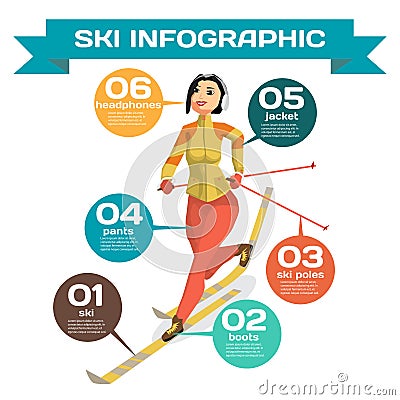 Infographic with woman cross-country skiing winter sports. Vector Illustration