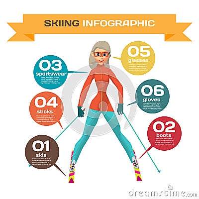 Infographic with woman mountain skiing winter sports. Cartoon st Vector Illustration