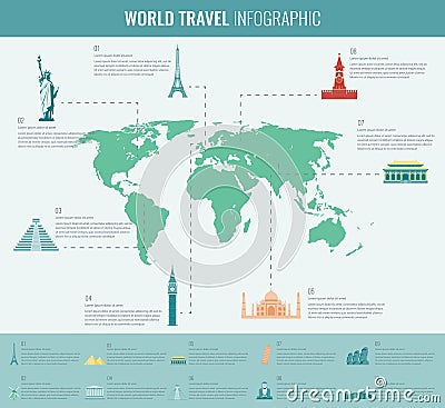 Infographic world landmarks on map. Vector Vector Illustration