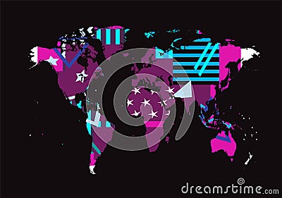 Infographic world map purple with stars colorful pop art illustration ... Cartoon Illustration