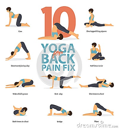 Infographic of 10 Yoga poses for back pain relieve in flat design. Beauty woman is doing exercise for back strength. Vector. Vector Illustration